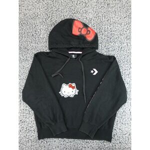 Converse Hello Kitty Hoodie Womens L Black Pullover Chenille Patch Bow‎ Graphic